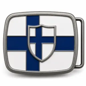 Finland soft enamel belt buckle with antique silver frame, right side belt loop hardware, white flag field with blue Nordic cross and raised shield emblem on white background.