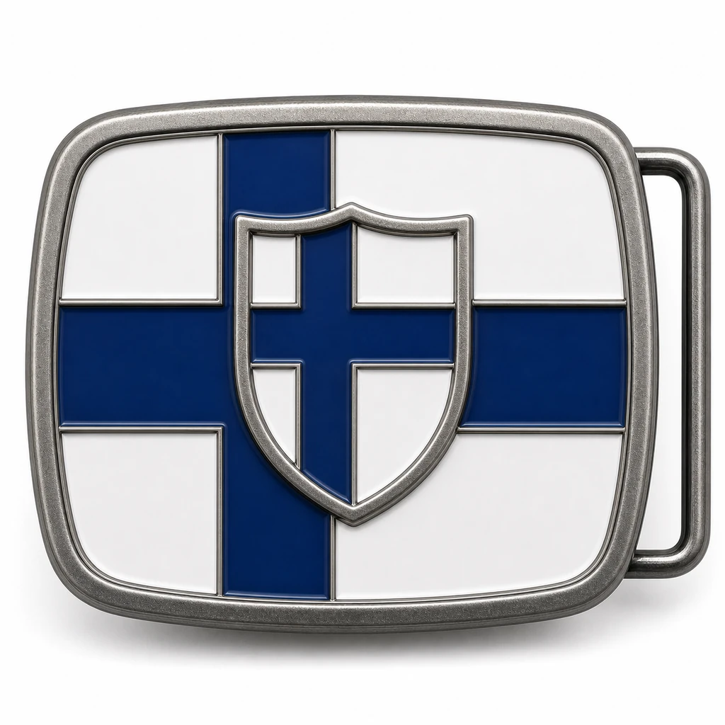 Boucle de ceinture en émail doux de la Finlande avec cadre en argent antique, passant de ceinture du côté droit, champ de drapeau blanc avec croix nordique bleue et emblème de bouclier en relief sur fond blanc.