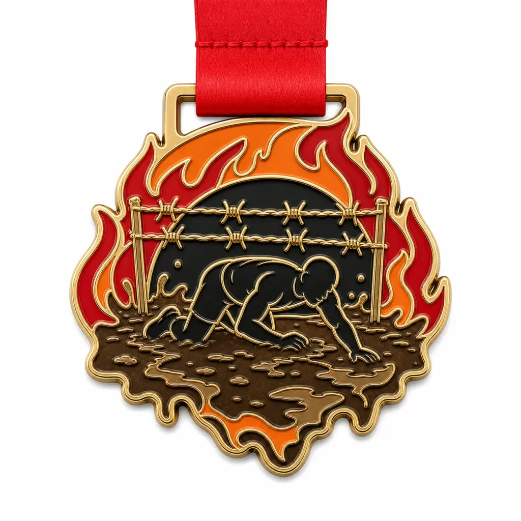 Medalla Tough Mudder «Fire Crawl» de esmalte blando con contornos metálicos dorados pulidos, cinta roja, silueta de un corredor gateando, arcos de fuego, un charco de lodo, una línea de obstáculos conectados y un fondo blanco.