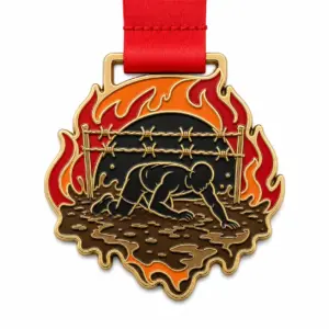 Fire crawl Tough Mudder Medal soft enamel medal with polished gold metal outlines, red ribbon, crawling runner silhouette, fire arcs, mud puddle, connected obstacle line, and a white background.