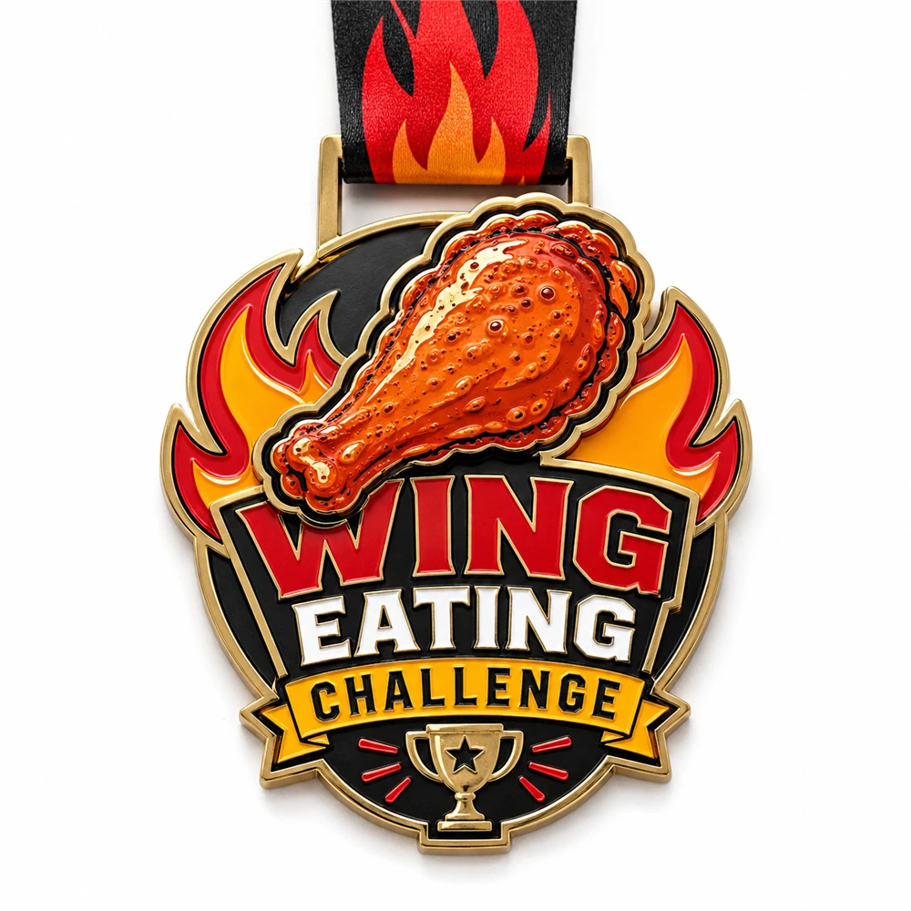 Custom wing eating challenge medal with flaming hot wing and trophy