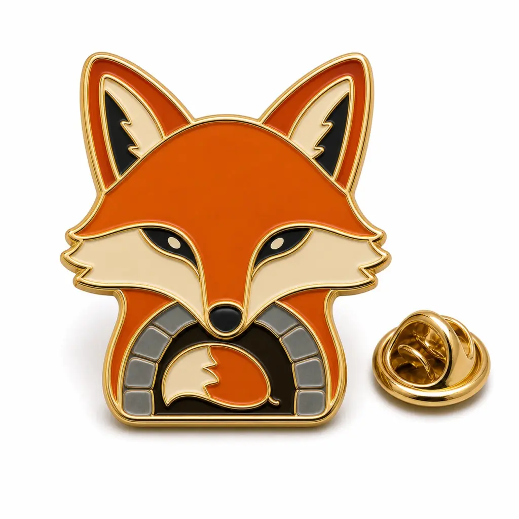 Badge en émail souple avec visage de renard, émail orange, contour en métal doré, cellules de couleur séparées et pochette de papillon sur fond blanc.