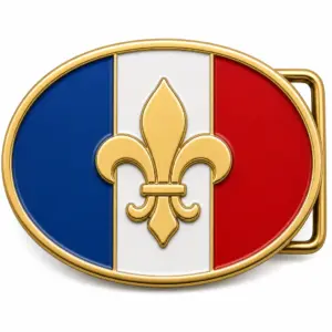 France soft enamel belt buckle with gold metal frame, right side belt loop hardware, blue white and red tricolor flag design with raised fleur de lis emblem on white background.