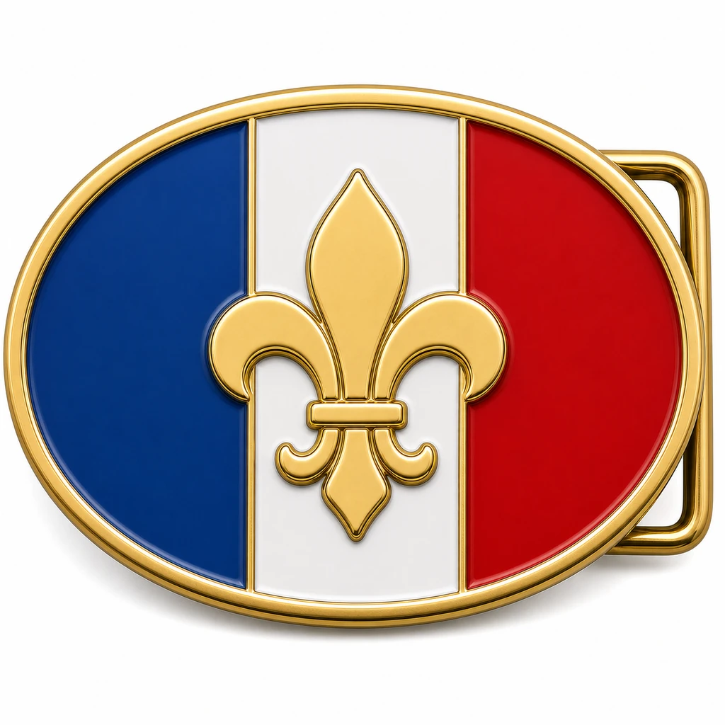 Boucle de ceinture en émail souple de la France avec cadre en métal doré, passant de ceinture du côté droit, drapeau tricolore bleu, blanc et rouge avec emblème de la fleur de lis en relief sur fond blanc.