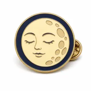 Custom full moon face soft enamel pin with raised metal outlines and butterfly clutch on a white background.