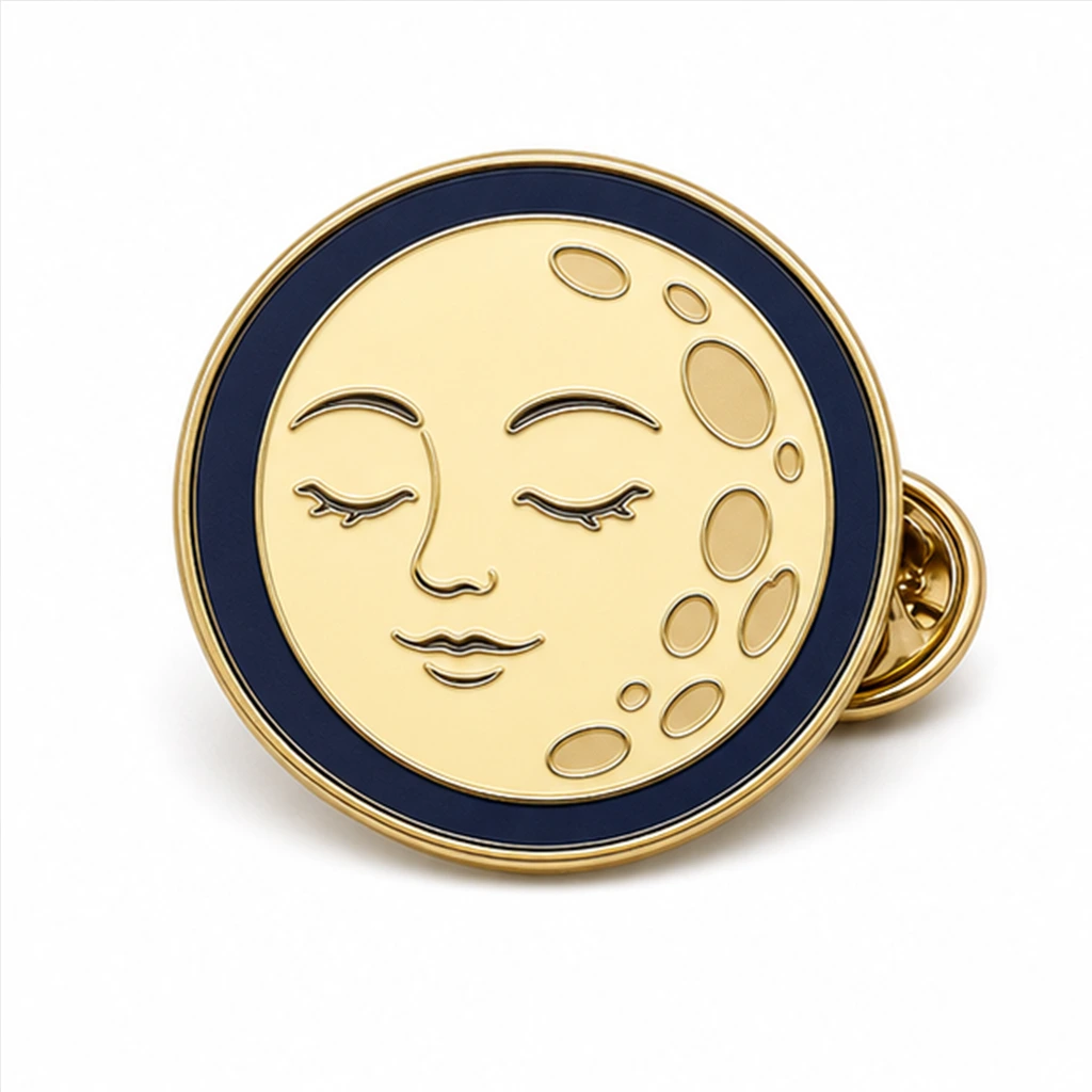 Custom full moon face soft enamel pin with raised metal outlines and butterfly clutch on a white background.