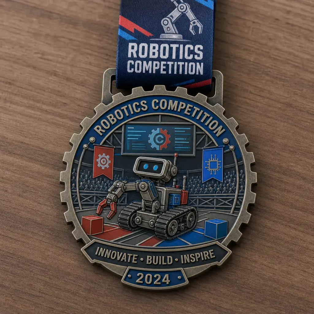 Gear arena robot Robotics Competition Medal soft enamel medal with raised metal outlines, gear border, tracked robot, arena banners, blocks, and ribbon.
