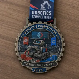 Gear arena robot Robotics Competition Medal soft enamel medal with raised metal outlines, gear border, tracked robot, arena banners, blocks, and ribbon.
