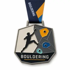 Custom bouldering medal with geometric climbing wall and colorful holds