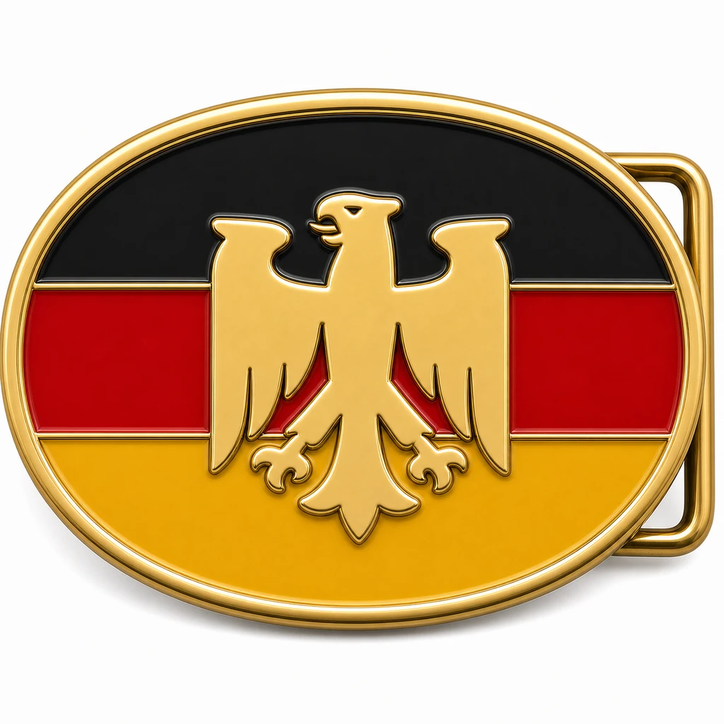 Boucle de ceinture en émail souple de l'Allemagne avec cadre en métal doré, passant de ceinture du côté droit, bandes de drapeaux noir, rouge et or avec emblème de l'aigle en relief sur fond blanc.