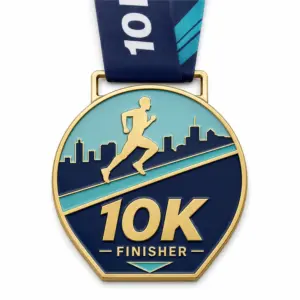 Gold skyline runner 10K Finisher Medal soft enamel medal with raised gold outlines, teal sky, navy city skyline, runner silhouette, large 10K text, neck ribbon, and white background.