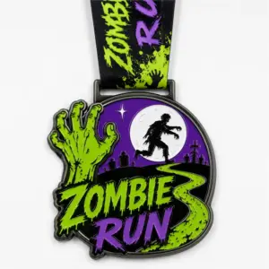 Graveyard hand trail Zombie Run Medal soft enamel medal with raised black metal outlines, green zombie hand, purple night sky, full moon, runner silhouette, graveyard skyline, green trail, and black ribbon.