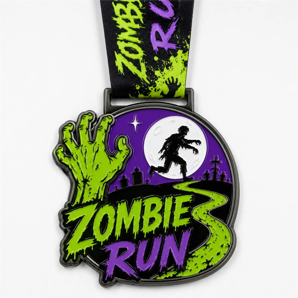 Graveyard hand trail Zombie Run Medal soft enamel medal with raised black metal outlines, green zombie hand, purple night sky, full moon, runner silhouette, graveyard skyline, green trail, and black ribbon.