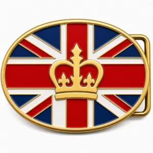 Great Britain soft enamel belt buckle with gold metal frame, right side belt loop hardware, simplified Union Jack design with raised crown emblem on white background.
