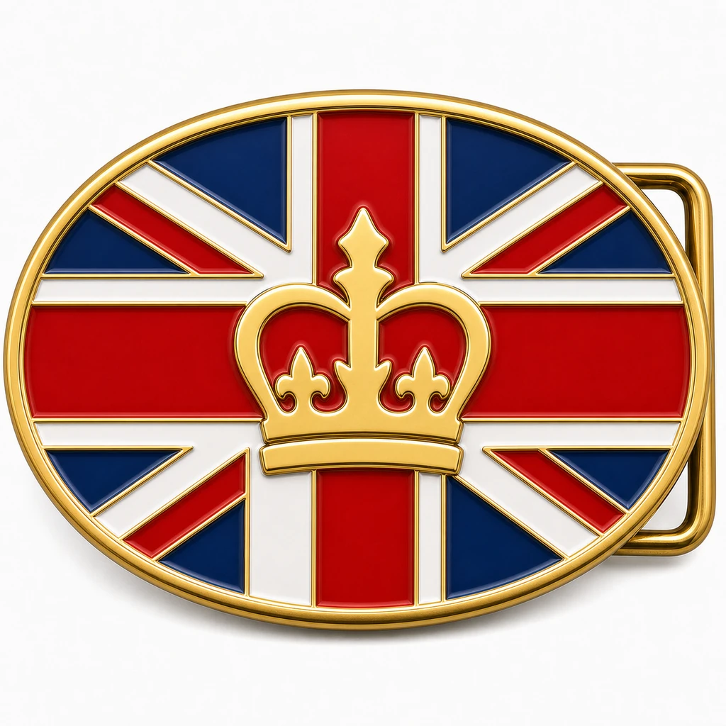 Boucle de ceinture en émail souple de la Grande-Bretagne avec cadre en métal doré, passant de ceinture du côté droit, dessin simplifié de l'Union Jack avec emblème de la couronne en relief sur fond blanc.