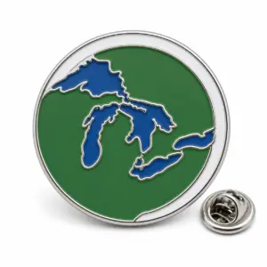Custom Great Lakes map soft enamel pin with silver outlines and butterfly clutch on a white background.