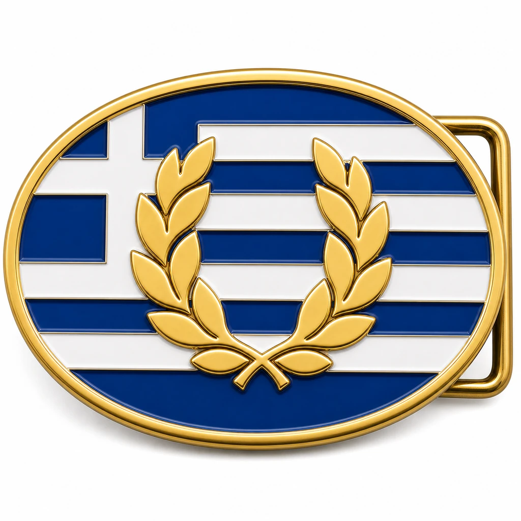 Boucle de ceinture en émail doux de la Grèce avec cadre en métal doré, passant de ceinture du côté droit, motif de drapeau bleu et blanc avec emblème de laurier en relief sur fond blanc.