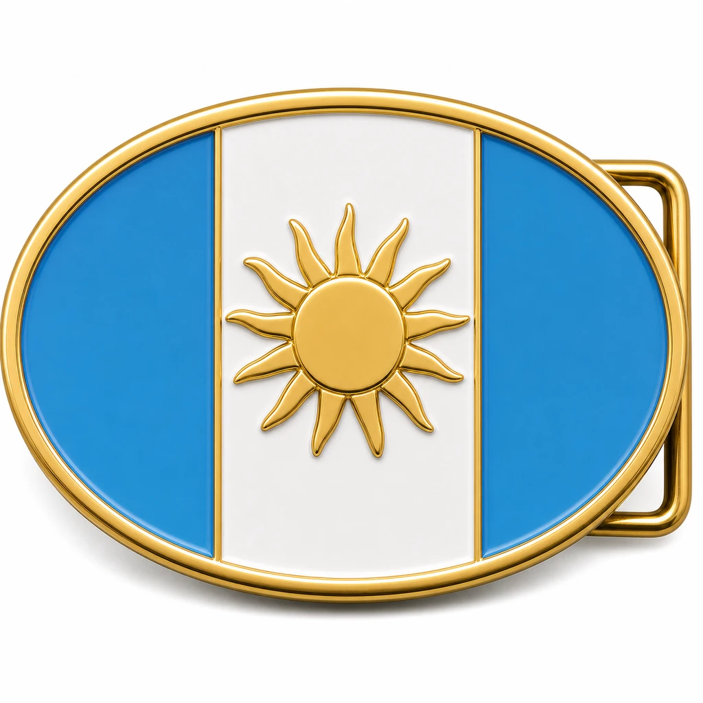 Boucle de ceinture en émail souple du Guatemala avec cadre en métal doré, passant de ceinture du côté droit, drapeau bleu blanc et bleu avec emblème du soleil en relief sur fond blanc.