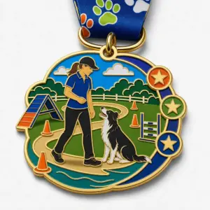 Handler Course Loop Obedience Trial Medal soft enamel medal with raised metal dividers, dog handler, attentive dog, course path, cones, stars, ribbon, and white background.