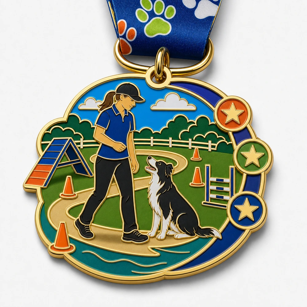 Handler Course Loop Obedience Trial Medal soft enamel medal with raised metal dividers, dog handler, attentive dog, course path, cones, stars, ribbon, and white background.
