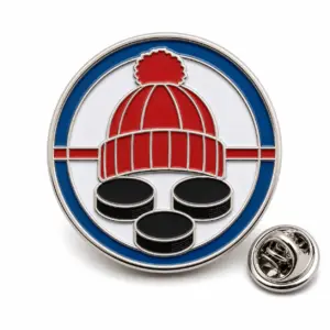 Custom hat trick winter hat soft enamel pin with silver outlines and butterfly clutch on a white background.