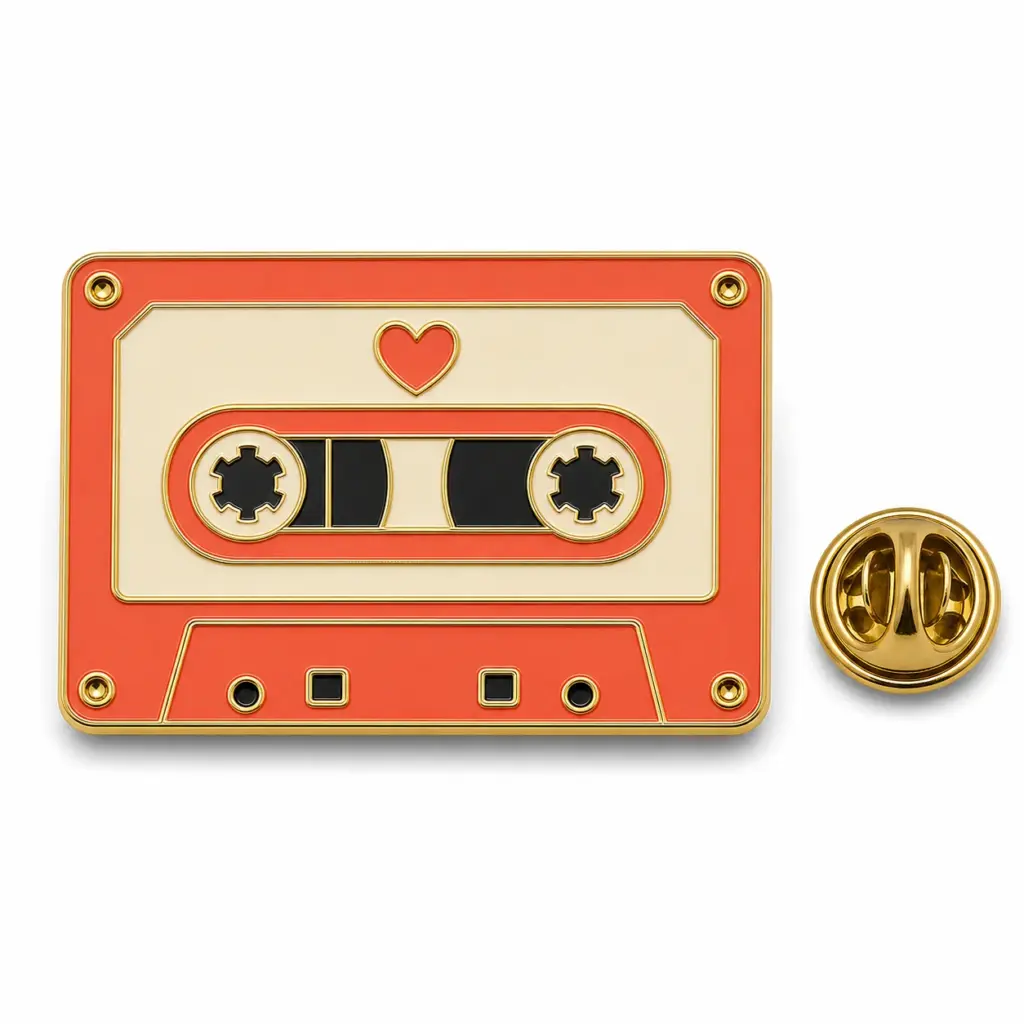 Insignia esmaltada con diseño de un mixtape en forma de corazón, con carcasa de casete en color coral, etiqueta en blanco, bobinas color crema, separadores dorados y cierre de mariposa.