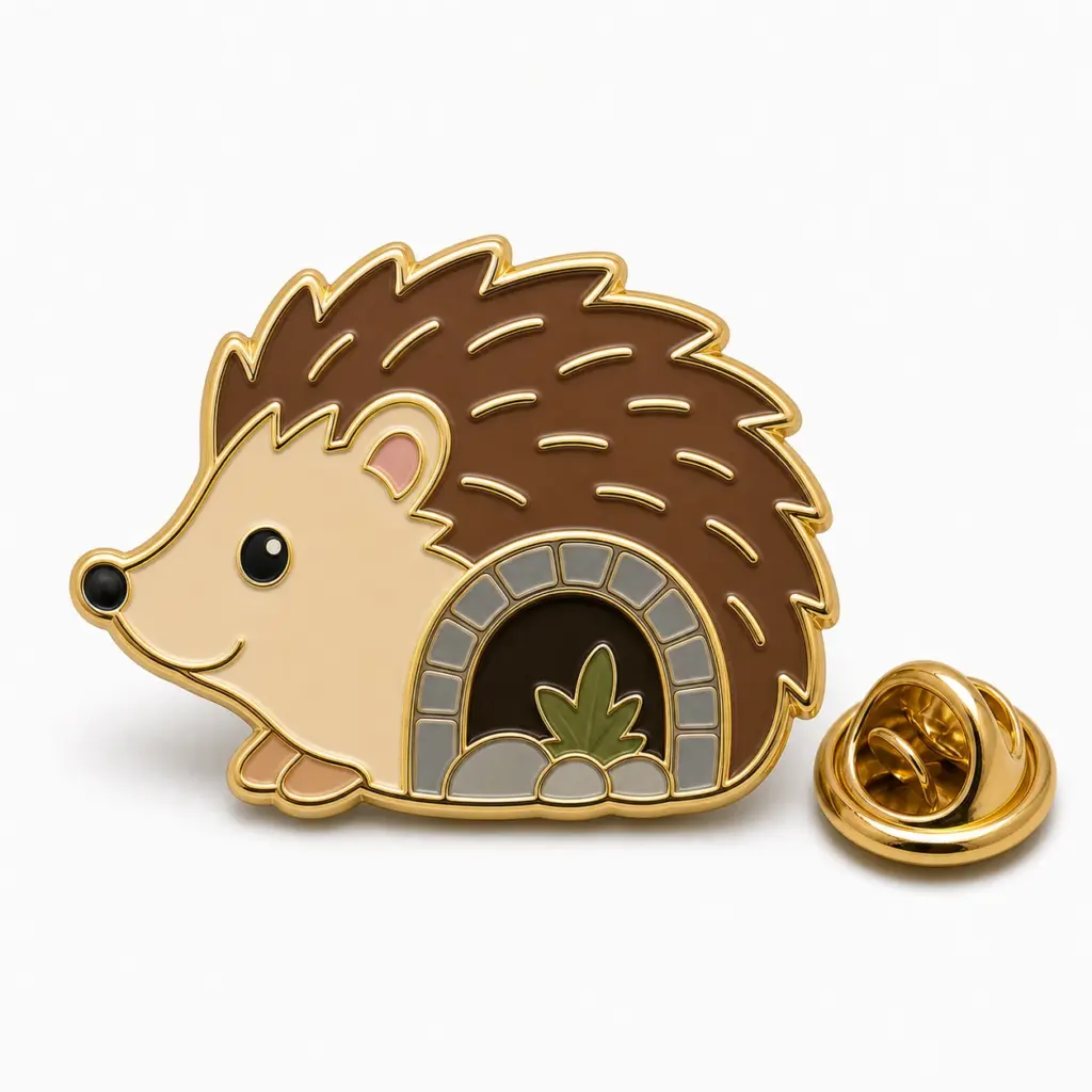 Badge en émail souple représentant un terrier de hérisson avec un corps arrondi, une petite ouverture, des séparateurs dorés et une pochette à papillon sur fond blanc.