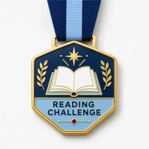 Hexagon open book Reading Challenge Medal soft enamel medal with raised gold outlines, navy upper field, light blue panel, open book, gold star, laurel branches, blue striped ribbon, and white background.