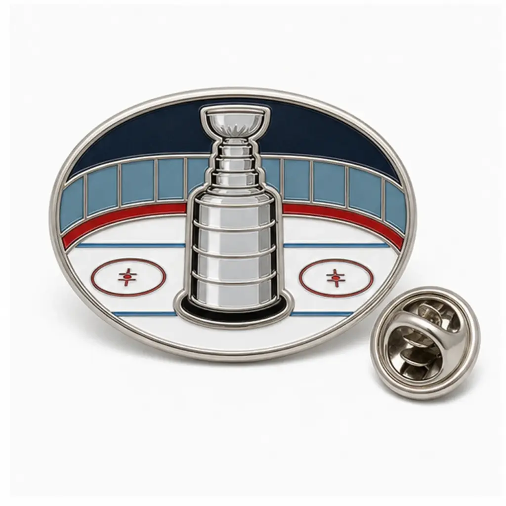 Custom hockey trophy ice rink soft enamel pin with connected rink frame, raised metal lines, and butterfly clutch on white.