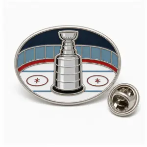 Custom hockey trophy ice rink soft enamel pin with connected rink frame, raised metal lines, and butterfly clutch on white.