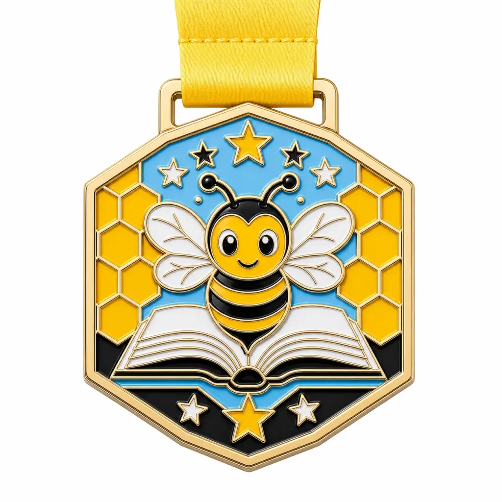 Honeycomb ribbon Spelling Bee Medal soft enamel medal with polished gold metal outlines, yellow ribbon, bee icon, open book pages, honeycomb cells, star accents, and a white background.
