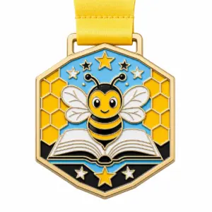 Honeycomb ribbon Spelling Bee Medal soft enamel medal with polished gold metal outlines, yellow ribbon, bee icon, open book pages, honeycomb cells, star accents, and a white background.