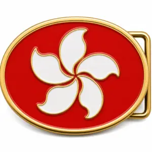 Hong Kong soft enamel belt buckle with gold metal frame, right side belt loop hardware, red flag background with raised white bauhinia flower emblem on white background.