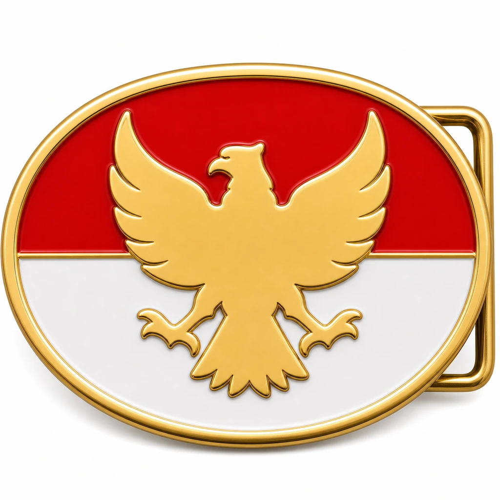 Boucle de ceinture en émail souple de l'Indonésie avec cadre en métal doré, passant de ceinture du côté droit, fond de drapeau rouge et blanc avec emblème de l'aigle Garuda simplifié en relief sur fond blanc.
