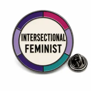 Custom intersectional feminist circle soft enamel pin with raised metal outlines and butterfly clutch on a white background.