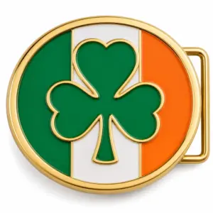 Ireland soft enamel belt buckle with gold metal frame, right side belt loop hardware, green white and orange Irish tricolor flag background with raised shamrock emblem on white background.