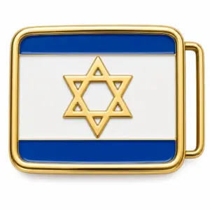 Israel soft enamel belt buckle with gold metal frame, right side belt loop hardware, white and blue flag background with raised Star of David emblem on white background.