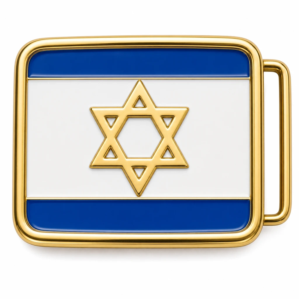 Boucle de ceinture en émail doux d'Israël avec cadre en métal doré, passant de ceinture du côté droit, fond de drapeau blanc et bleu avec l'emblème de l'étoile de David en relief sur fond blanc.