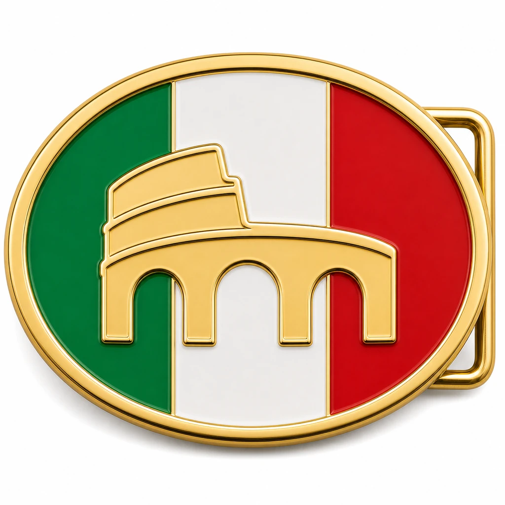 Boucle de ceinture en émail souple de l'Italie avec cadre en métal doré, passant de ceinture du côté droit, fond du drapeau tricolore italien vert, blanc et rouge avec l'emblème du Colisée en relief sur fond blanc.