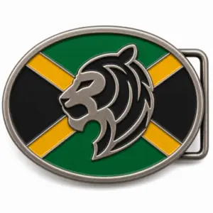 Jamaica soft enamel belt buckle with antique silver frame, right side belt loop hardware, green black and gold flag-inspired background with raised lion head emblem on white background.