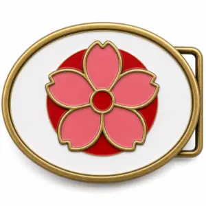 Japan soft enamel belt buckle with brass metal frame, right side belt loop hardware, white flag background with red sun circle and raised sakura flower emblem on white background.