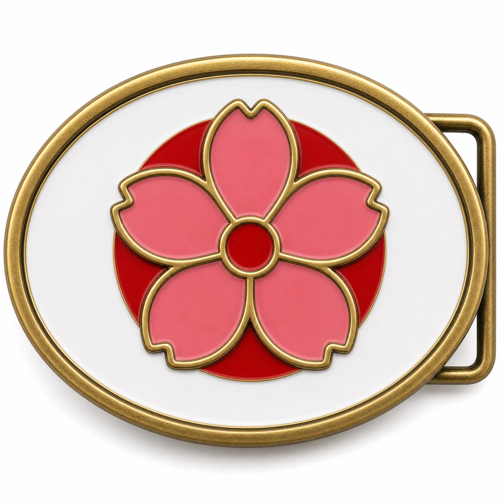 Boucle de ceinture en émail doux du Japon avec cadre en métal de laiton, passant de ceinture du côté droit, fond de drapeau blanc avec cercle de soleil rouge et emblème de fleur de sakura en relief sur fond blanc.
