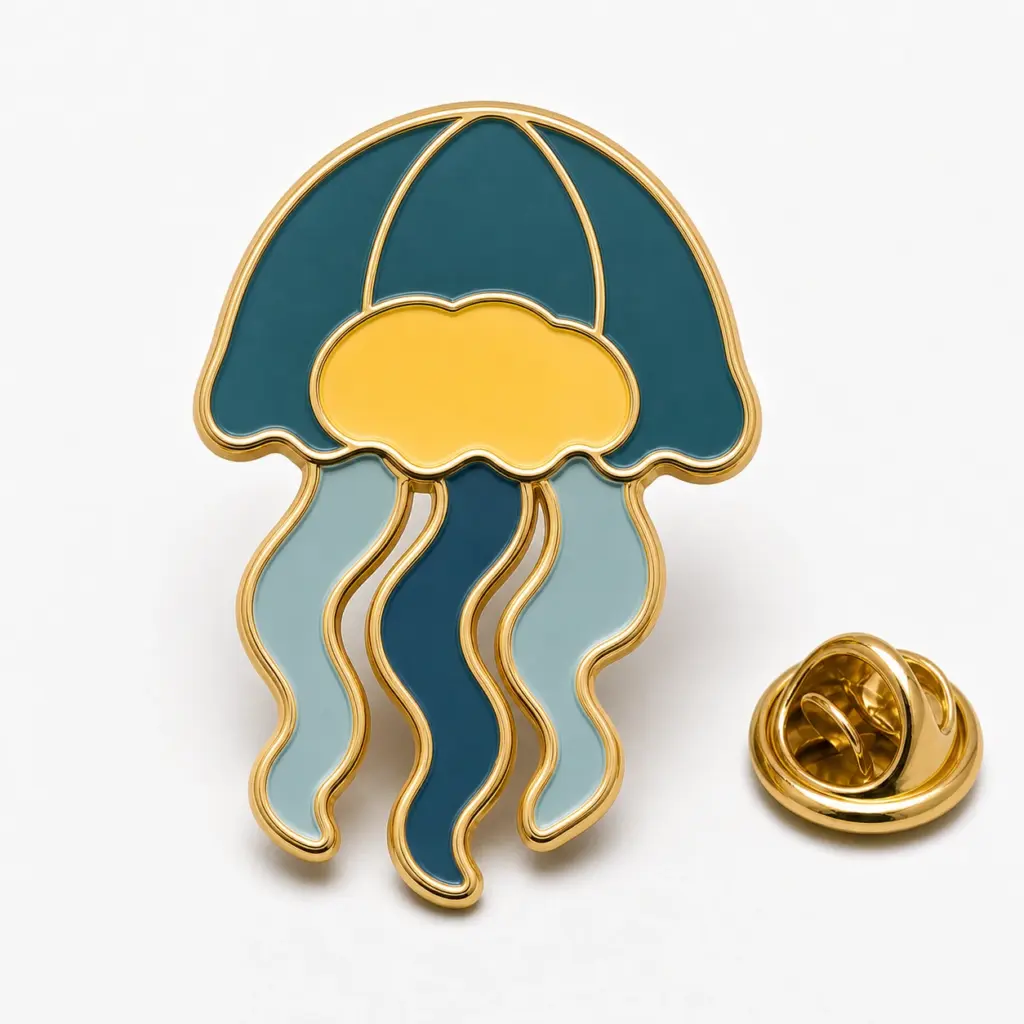 Badge en émail souple avec cloche jaune, tentacules bleus, intercalaires dorés et pochette papillon.