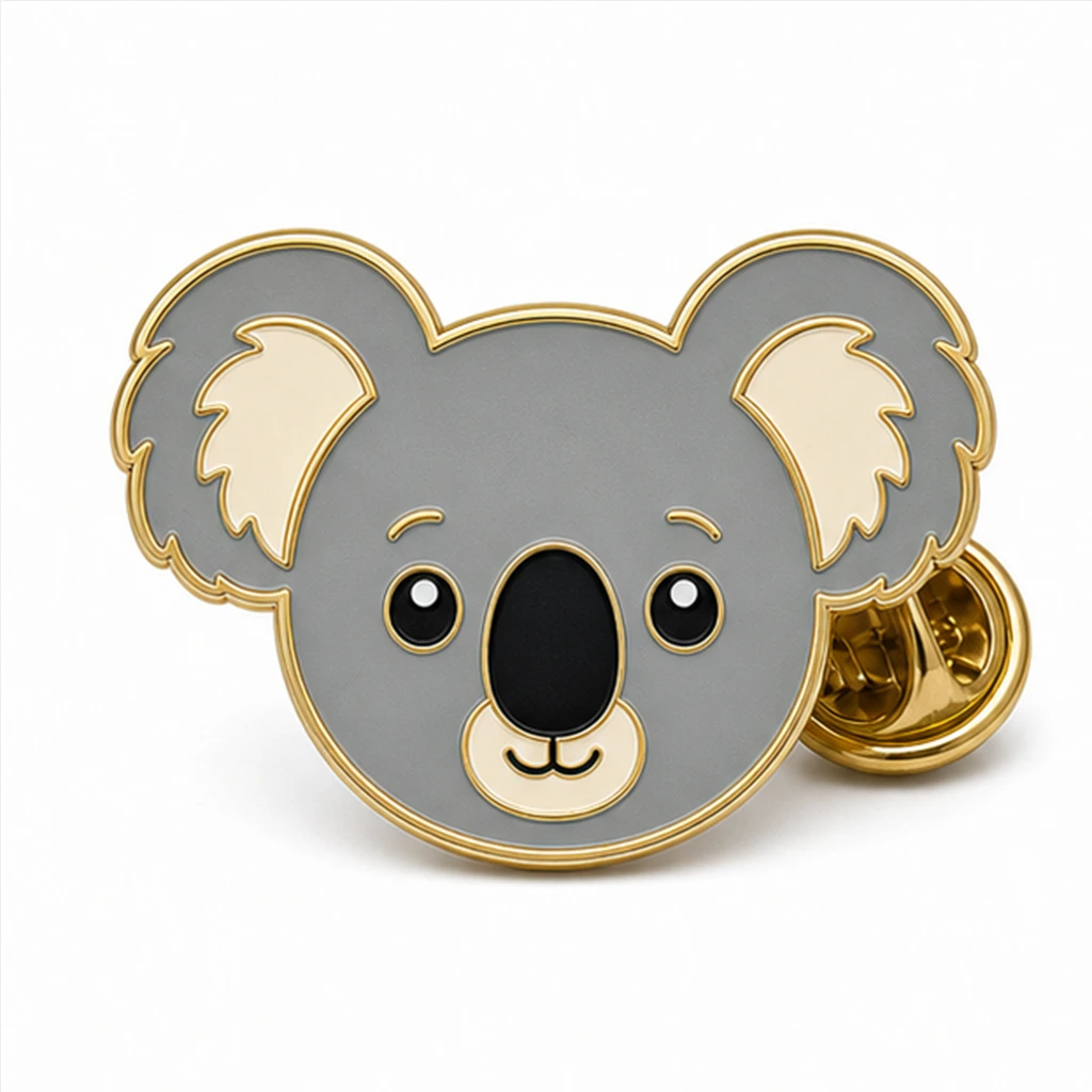 Custom koala face soft enamel pin with raised metal outlines and butterfly clutch on a white background.