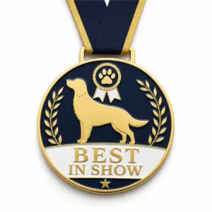Laurel rosette dog Best In Show Medal soft enamel medal with raised gold outlines, navy enamel field, standing golden retriever, white award panel, gold laurel branches, paw rosette, navy gold ribbon, and white background.