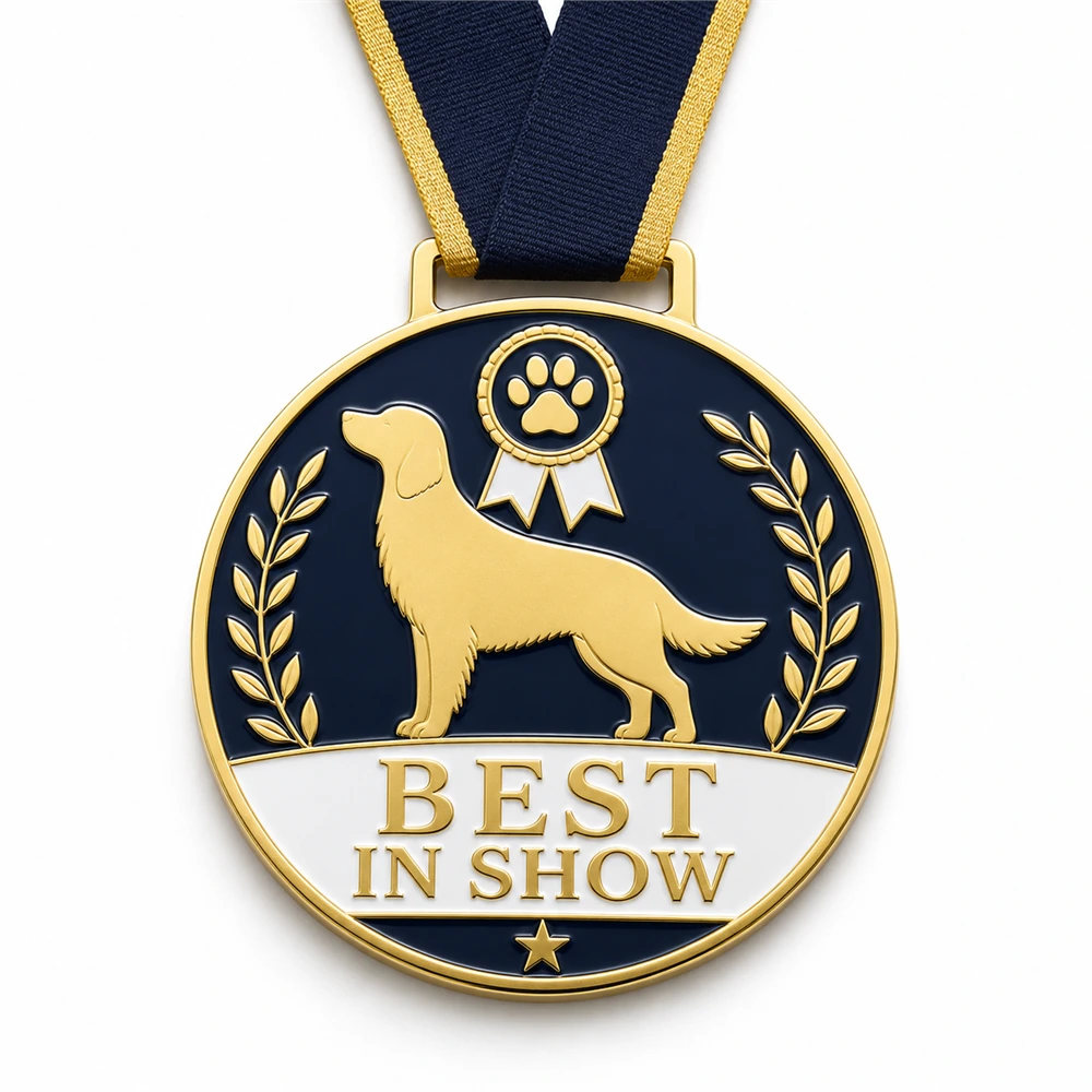 Laurel rosette dog Best In Show Medal soft enamel medal with raised gold outlines, navy enamel field, standing golden retriever, white award panel, gold laurel branches, paw rosette, navy gold ribbon, and white background.