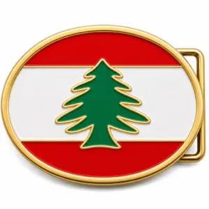 Lebanon soft enamel belt buckle with gold metal frame, right side belt loop hardware, red white and red Lebanese flag background with raised cedar emblem on white background.