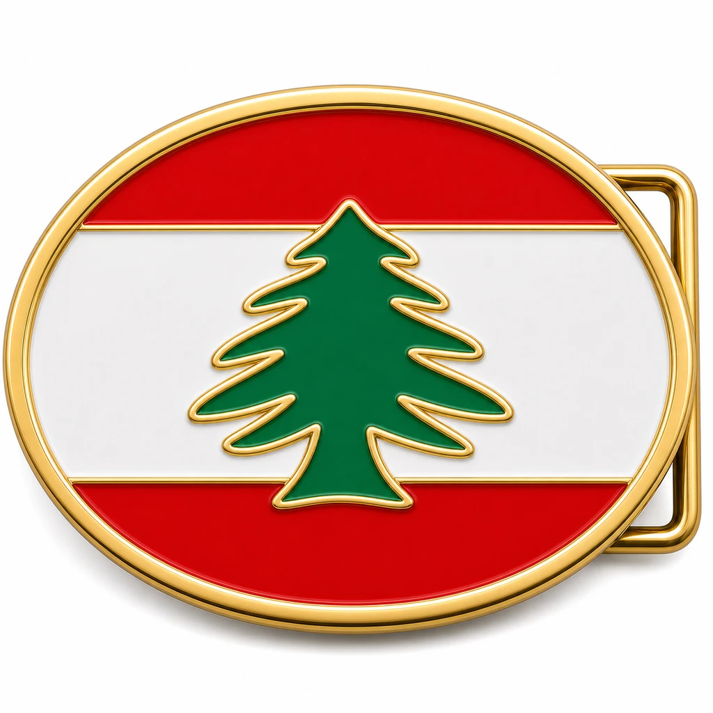 Boucle de ceinture en émail doux du Liban avec cadre en métal doré, passant de ceinture du côté droit, fond rouge blanc et rouge du drapeau libanais avec emblème du cèdre en relief sur fond blanc.