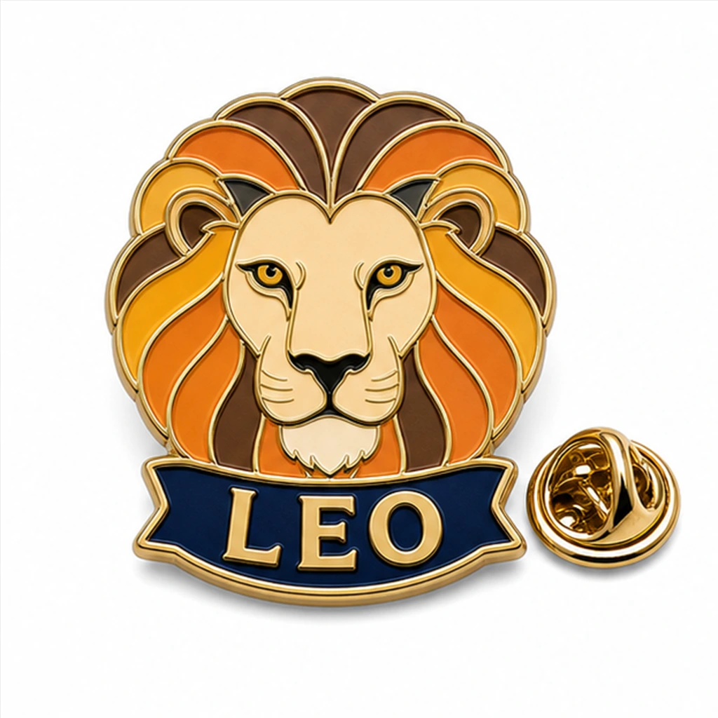 Épingle personnalisée en émail doux à tête de lion leo, avec contours métalliques en relief et pochette de papillon sur fond blanc.