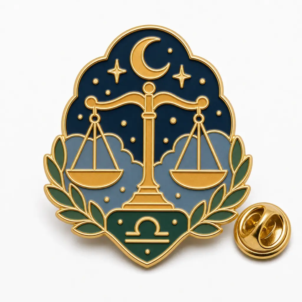 Badge Balance en émail souple avec croissant de lune, alvéoles étoilées, intercalaires dorés et pochette papillon.